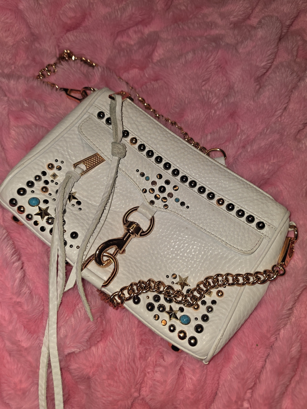 White Studded Crossbody Bag with Gold Chain